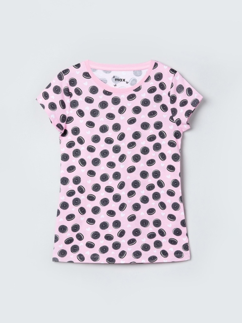 max Girls Pink & Brown Printed Round Neck T-shirt