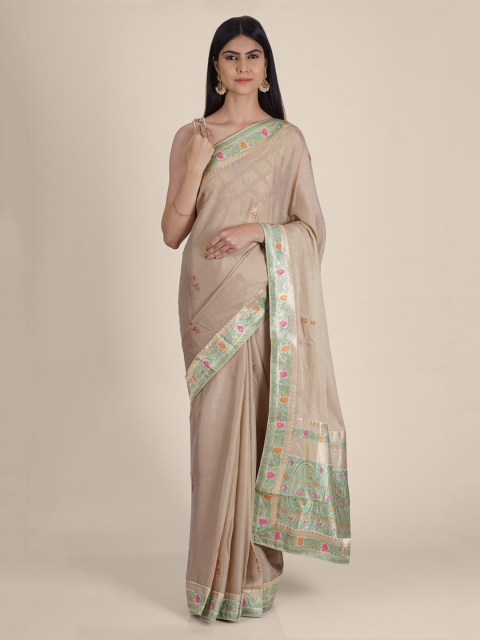 

Hastakala Taupe & Green Poly Georgette Printed Saree