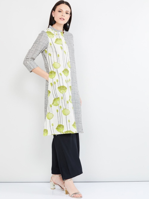 

max Women Off-White & Grey Colourblocked A-Line Kurta