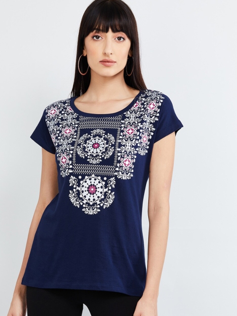 

max Women Blue Printed Round Neck Pure Cotton T-shirt
