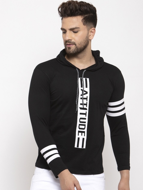 

KATSO Men Black Printed Hooded T-shirt