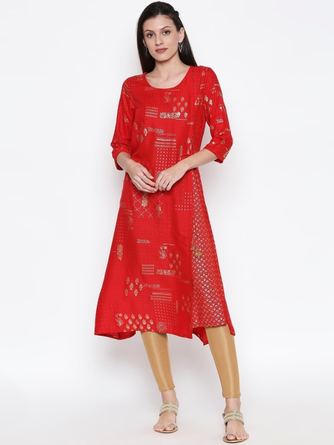 

RANGMANCH BY PANTALOONS Women Red & Gold-Toned Woven Design A-Line Kurta