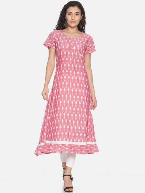 

Resha Women Pink & White Ikat Woven Design A-Line Kurta