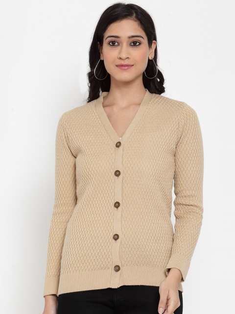 

Kalt Women Cream-Coloured Self-Design Cardigan Sweater