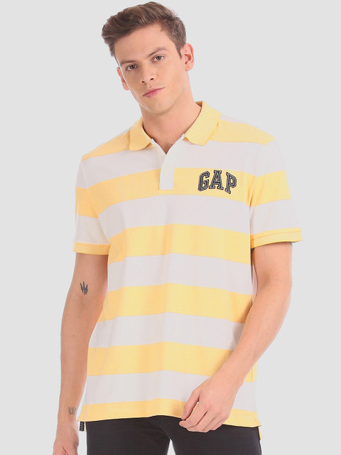 

GAP Men Yellow & White Striped Polo Collar T-shirt