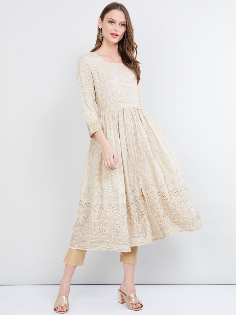

max Women Off-White & Beige Printed Anarkali Kurta with Jacket