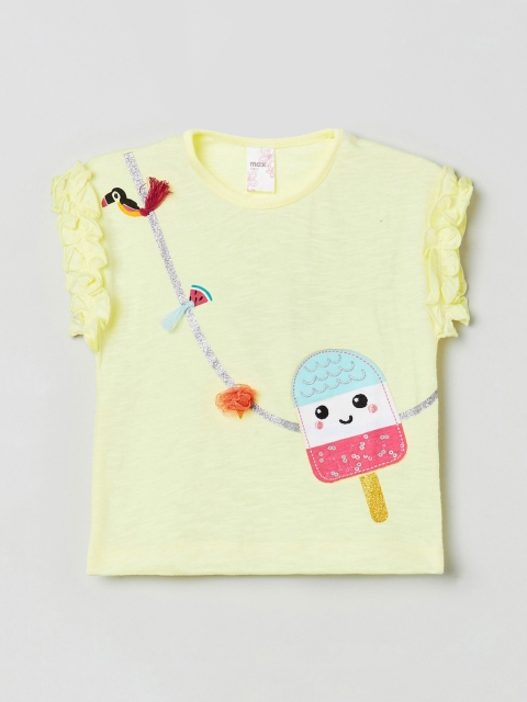 

max Girls Yellow Printed Round Neck Pure Cotton T-shirt