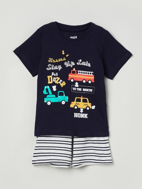 

max Boys Navy Blue & White Printed Night suit