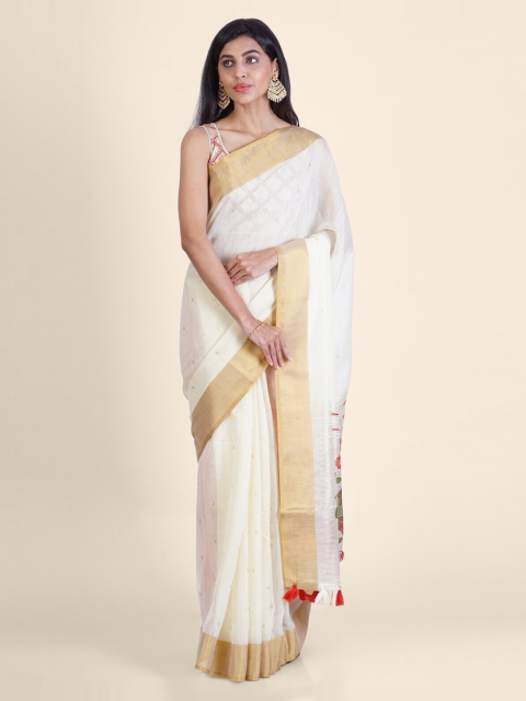 

Hastakala Off-White Printed Poly Georgette Handloom Saree