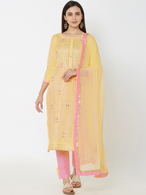 

Satrani Yellow & Pink Pure Cotton Unstitched Dress Material
