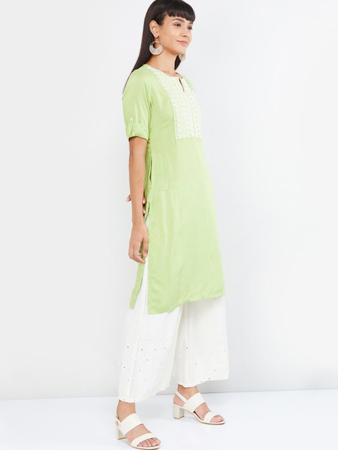 

max Women Lime Green & White Yoke Design Straight Kurta