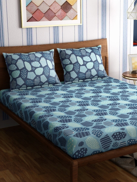 

PETAL HOME Blue Geometric 300 TC Cotton 1 Queen Bedsheet with 2 Pillow Covers