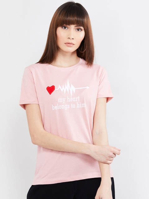 max Women Pink Printed Round Neck T-shirt