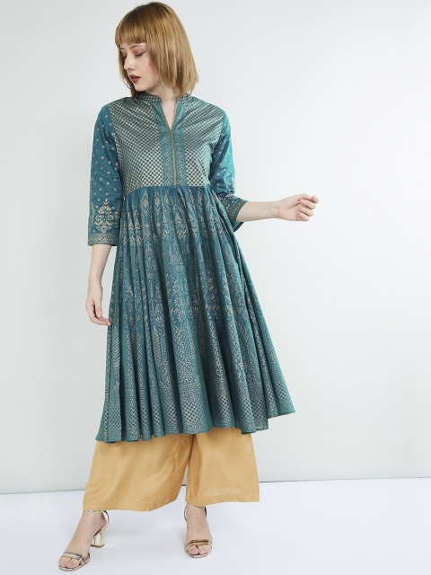 

max Women Blue & Gold-Toned Printed A-Line Kurta