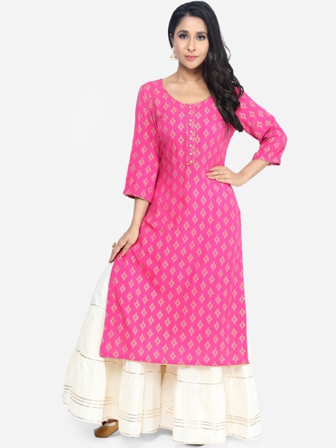 

Paislei Women Pink & Gold-Coloured Printed Straight Kurta