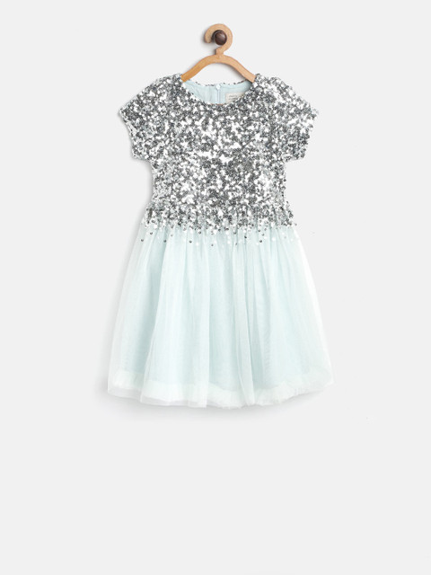 

Cherry Crumble Girls Silver & Pastel Blue Embellished Fit and Flare Dress