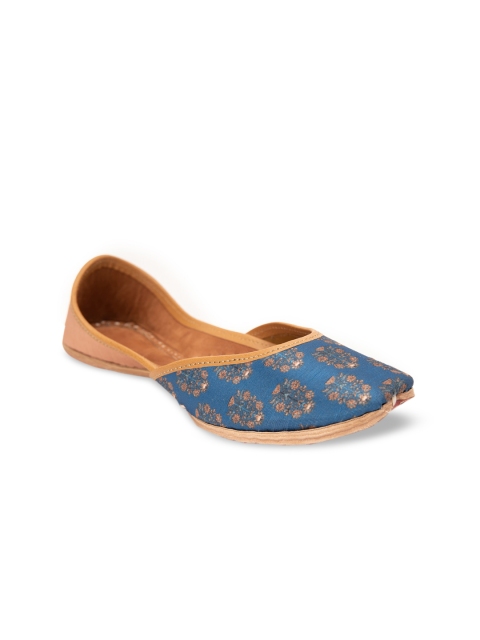 

Jivaana Women Blue Printed Leather Mojaris