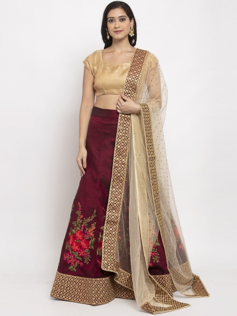 

PACHE Burgundy & Gold-Toned Embellished Semi-Stitched Lehenga & Unstitched Blouse with Dupatta