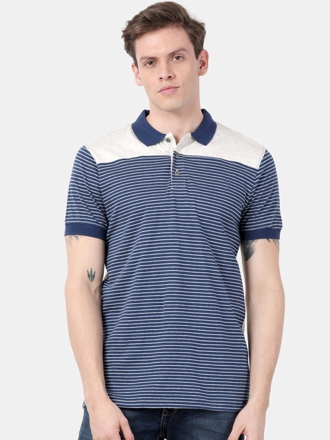 

VUDU Men Navy Blue Striped Polo Collar T-shirt