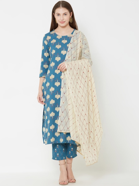 

FASHOR Women Blue & Beige Printed Kurta with Trousers & Dupatta