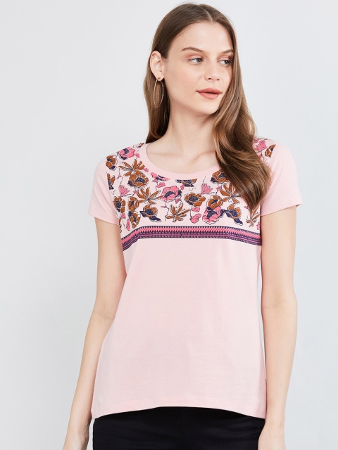 max Women Pink Floral Print Round Neck T-shirt