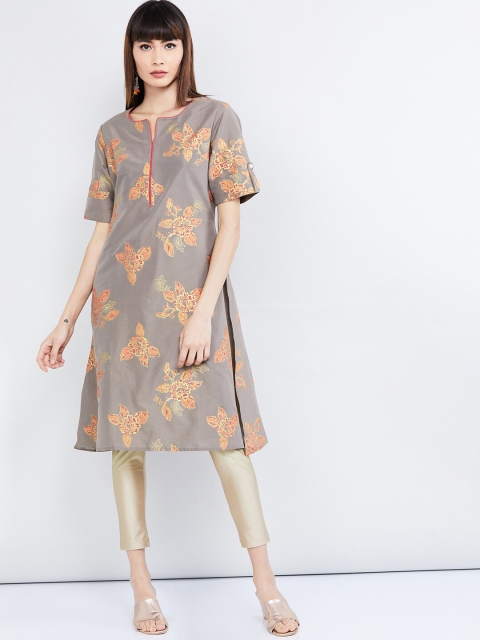 

max Women Grey & Brown Printed A-Line Kurta