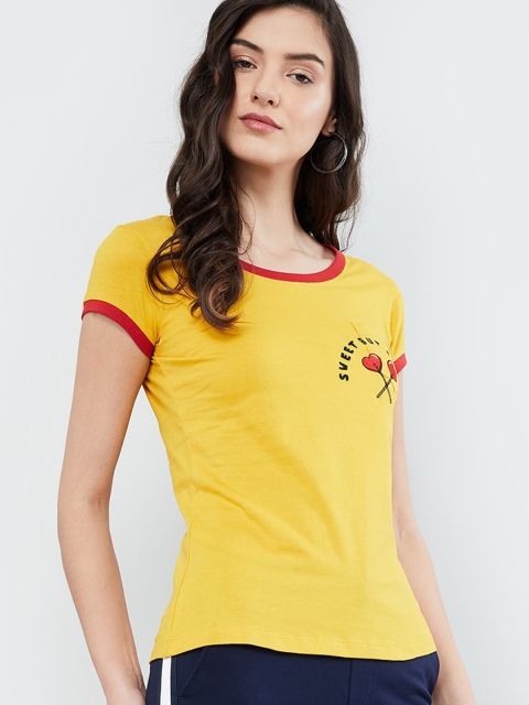 

max Women Yellow Solid Round Neck T-shirt