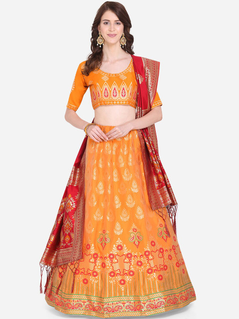 

Mitera Yellow & Red Woven Design Semi-Stitched Lehenga & Unstitched Blouse with Dupatta