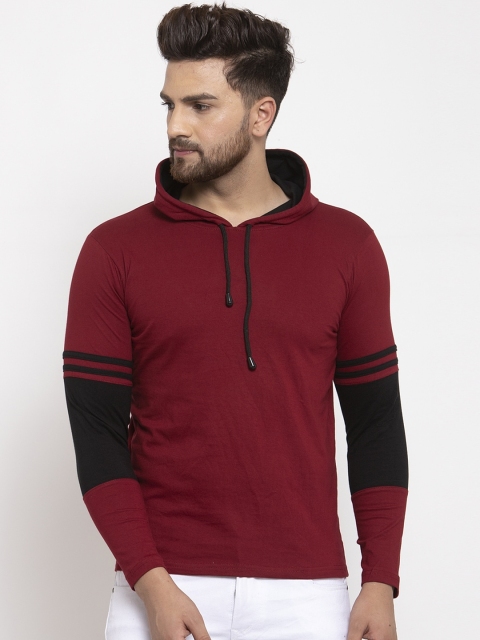 

KATSO Men Maroon & Black Colourblocked Hood T-shirt
