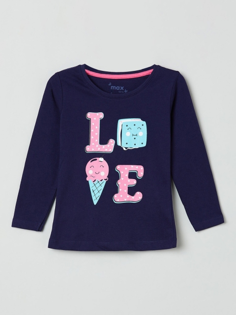 

max Girls Navy Blue Solid Round Neck Pure Cotton T-shirt