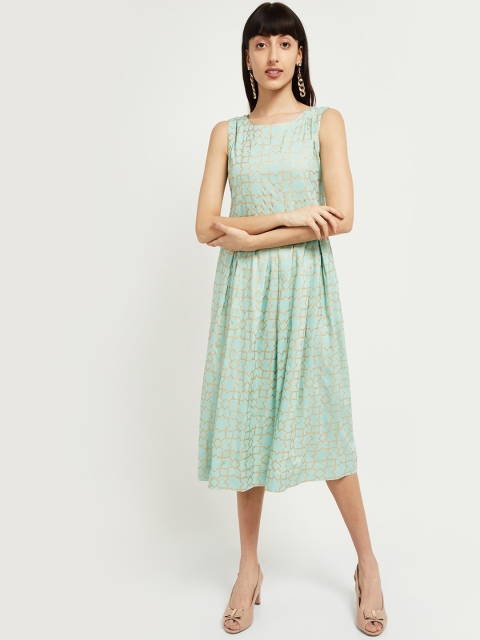 

max Women Mint Green & Gold Printed Fit and Flare Dress