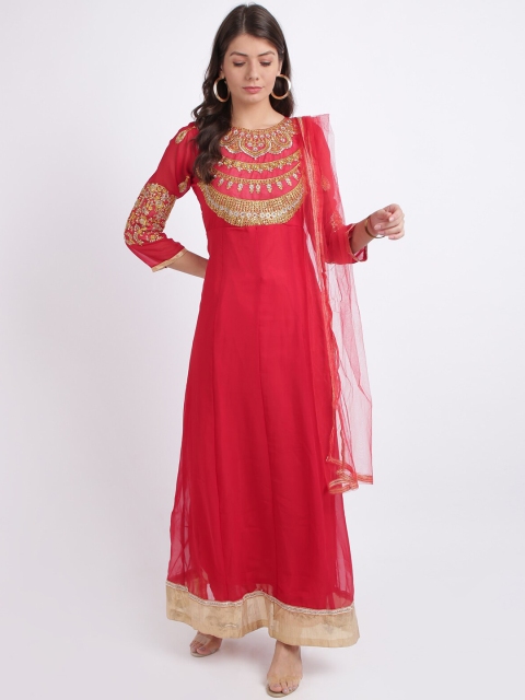 

Silk Bazar Coral Red & Gold Poly Georgette Semi-Stitched Dress Material
