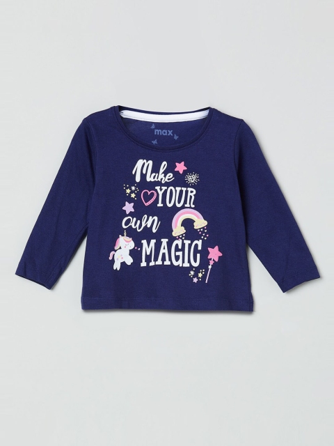 max Girls Navy Blue Printed Round Neck T-shirt