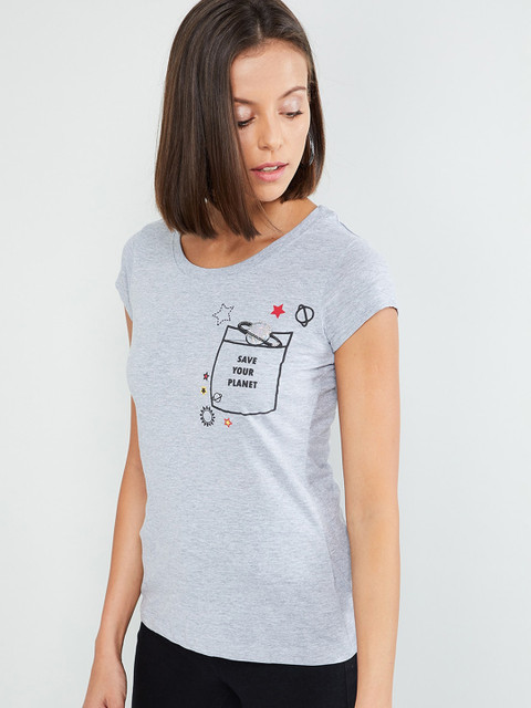

max Women Grey Printed Round Neck T-shirt