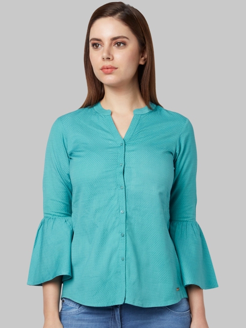 

Park Avenue Women Turquoise Blue Solid Shirt Style Top