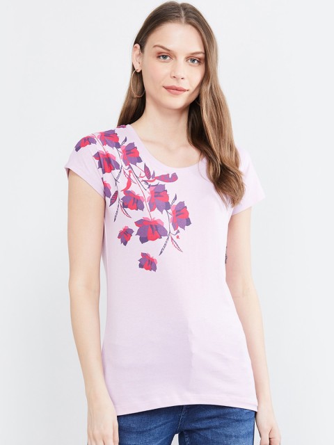 

max Women Lavender Printed Round Neck T-shirt