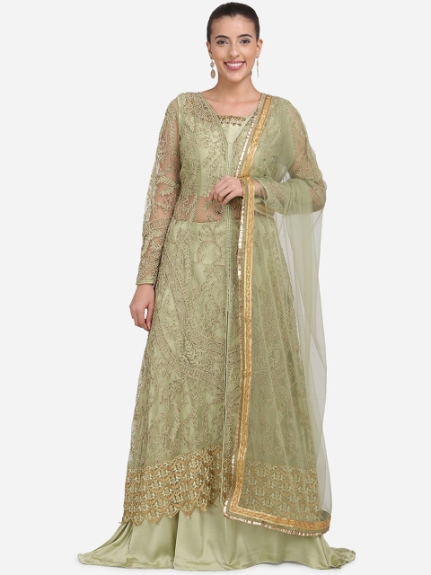 

Stylee LIFESTYLE Green & Gold Net Semi-Stitched Dress Material