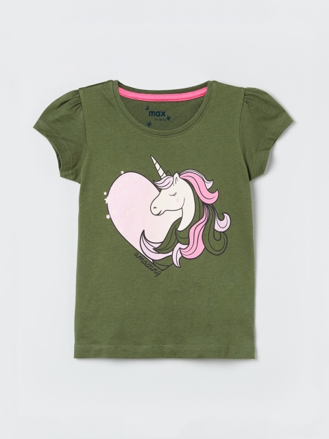 

max Girls Olive Green Printed Round Neck T-shirt