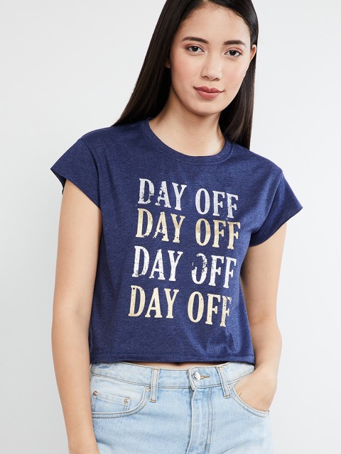 

max Women Navy Blue Printed Round Neck Crop T-shirt