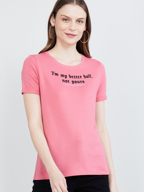 

max Women Pink & Black Printed Round Neck T-shirt