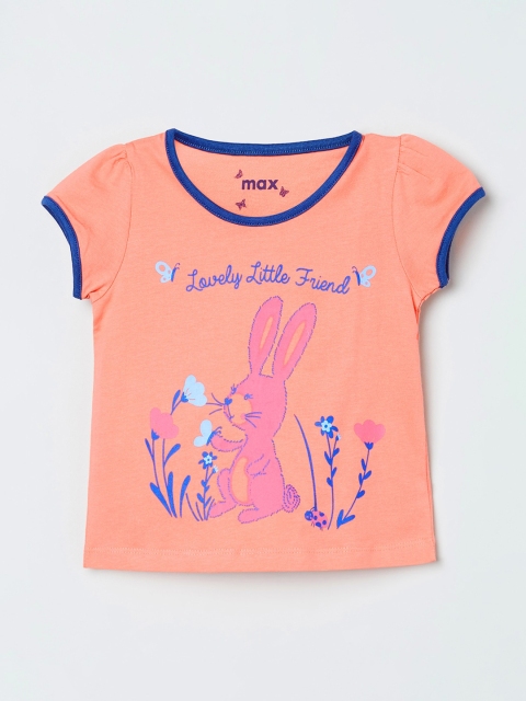 

max Girls Peach-Coloured Printed Round Neck T-shirt