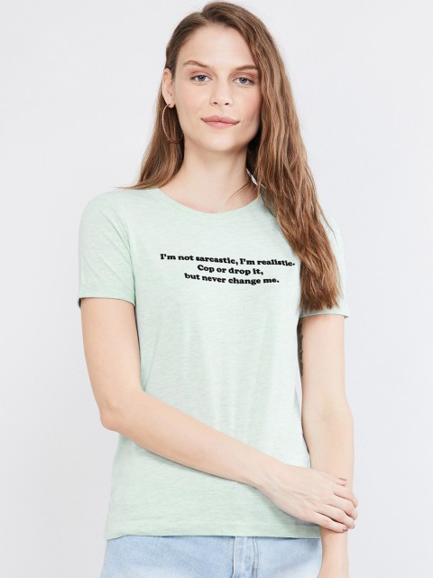 

max Women Green & Black Printed Round Neck T-shirt