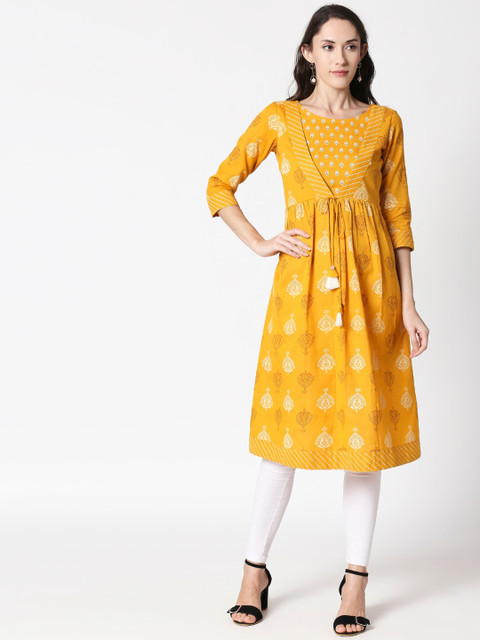 

HUUR Women Yellow & White Printed A-Line Kurta