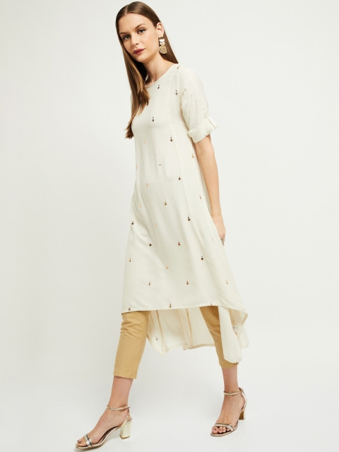 max Women Off-White Embroidered High Low A-Line Kurta