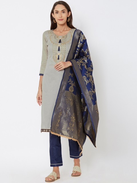 

Satrani Grey & Navy Blue Pure Cotton Unstitched Dress Material