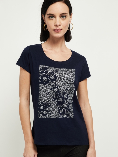 

max Women Navy Blue Printed Round Neck T-shirt