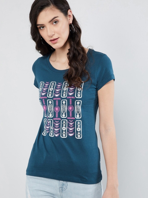 

max Women Blue Printed Round Neck T-shirt