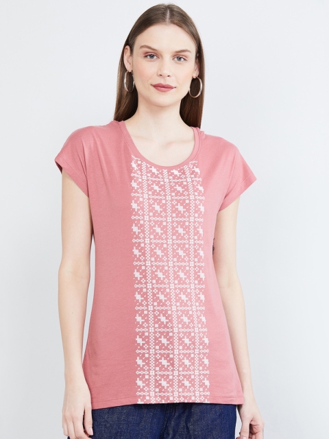 max Women Pink Printed Round Neck T-shirt