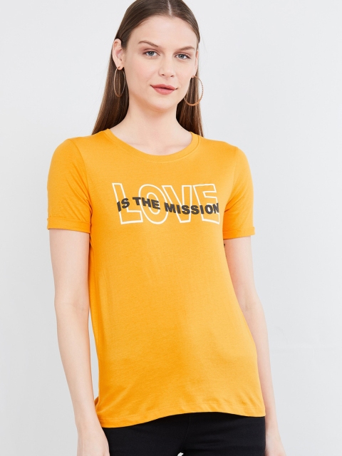 max Women Yellow Printed Round Neck T-shirt