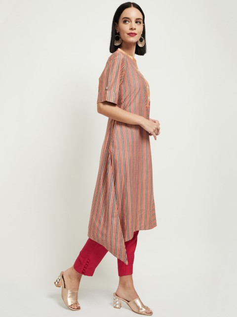 

max Women Peach-Coloured & Blue Striped A-Line Kurta